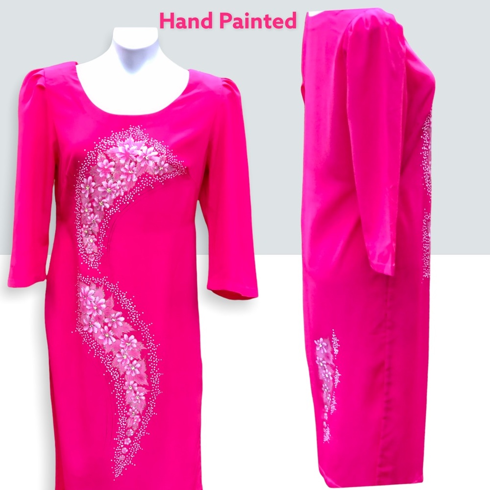 Vintage 80’s Hot Pink Hand Painted Floral Design Kurta/Dress